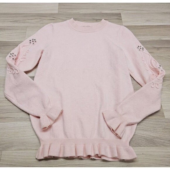 NANETTE LEPORE Womens Pink Ruffle Rhinestone Flower Pullover Sweater Small - Picture 2 of 7